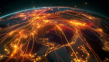 Fototapeta premium Global Trade Routes Visualized on a Digital Map, Showcasing Worldwide Connectivity