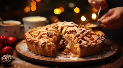 Homemade apple pie with festive garnish being sliced.