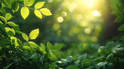 Green leaves in sunlight with blurred nature background