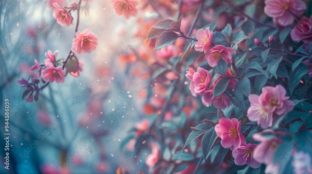 Poster delicate pink flowers are in full bloom with a dreamy, soft-focus background, creating a tranquil an