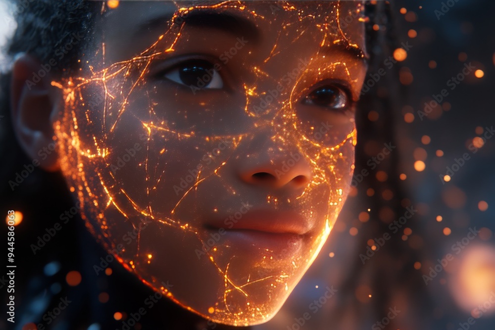 Aufkleber a young woman with an illuminated facial network pattern symbolizing connectivity and digital transf