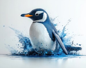 Fototapeta premium Stylized penguin in abstract 3D watercolor, minimalistic design with cool blues and whites