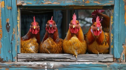 Hens and a rooster peeking from a rustic wooden window frame