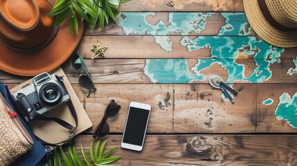 A flat lay of various travel essentials including a backpack sunglasses camera phone
