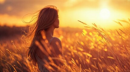 Obraz premium A woman stands in a wheat field at sunset, her hair flowing in the breeze, surrounded by golden light and tall stalks..