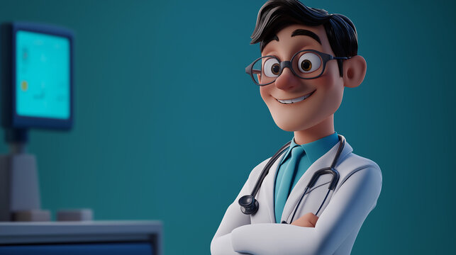 Cartoon doctor smiling with arms crossed in hospital room