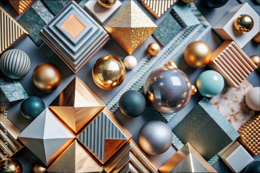 Poster Exploring a vibrant array of geometric shapes and textures featuring golden spheres, intricate patterns, and colorful elements on a modern background. Generative AI