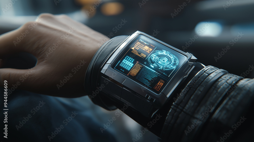 Poster man wearing futuristic smartwatch with holographic interface