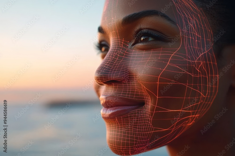 Poster a profile of a woman with a glowing red grid on her face symbolizing the integration of digital inte