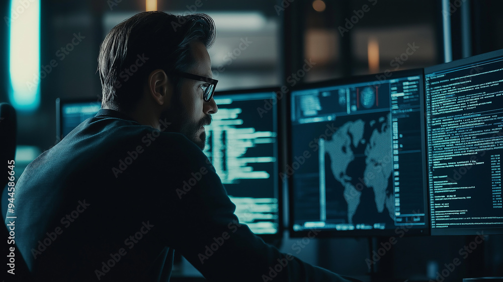 Aufkleber Computer programmer working on computers with code and data on screens in dark office