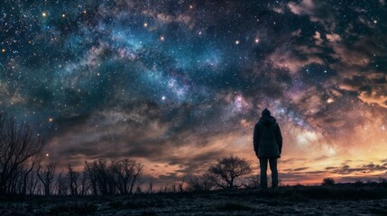 Fototapeta premium A solitary figure gazes up at the star-filled night sky, with the Milky Way brightly visible, surrounded by barren trees..