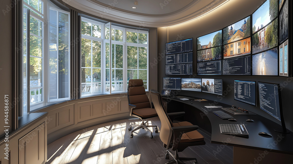 Poster modern security room with curved desk and multiple screens showing cctv footage