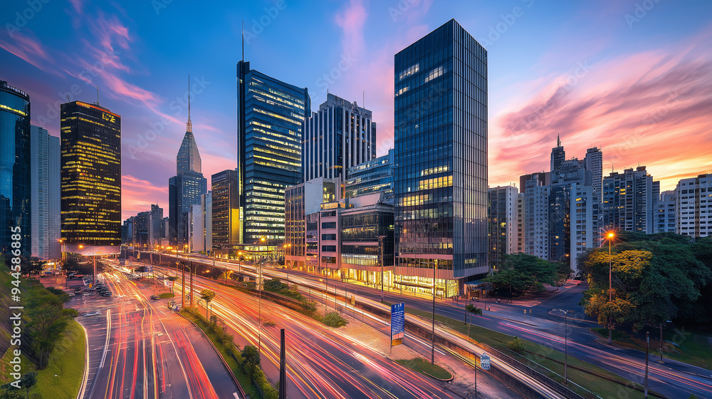 Poster Hong kong skyline at sunset with traffic flowing on highway