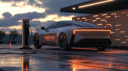 Modern electric car charging at public station at sunset
