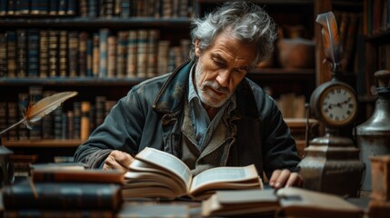 Elderly man immersed in reading at a vintage library desk
