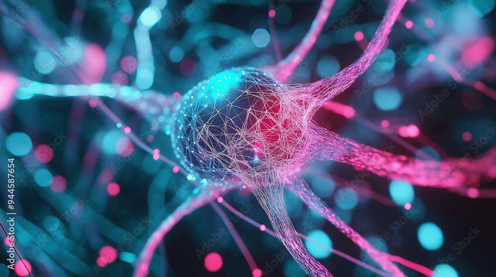 Leinwandbilder Neuron connecting and glowing showing neural network and data flow