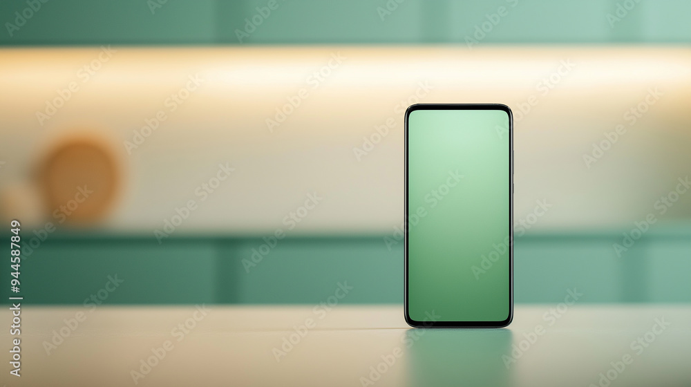 Poster smartphone showing green chroma key screen standing on table in office