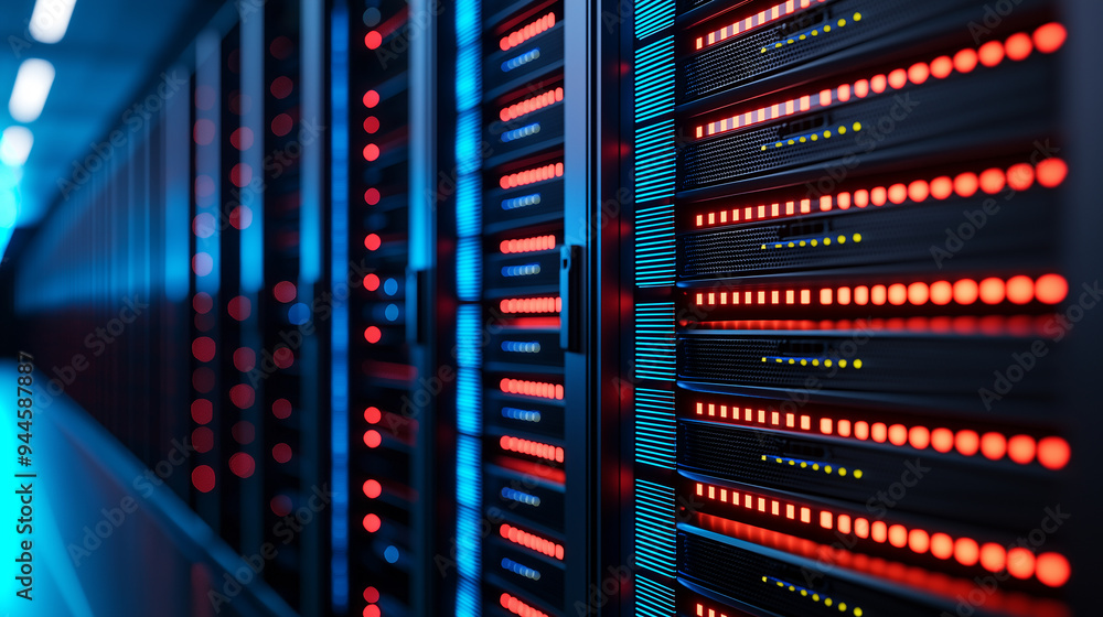 Aufkleber Rows of active servers with blinking red lights are installed in a data center