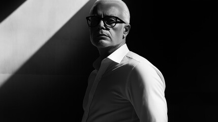 Fototapeta premium Serious businessman wearing glasses posing in black and white