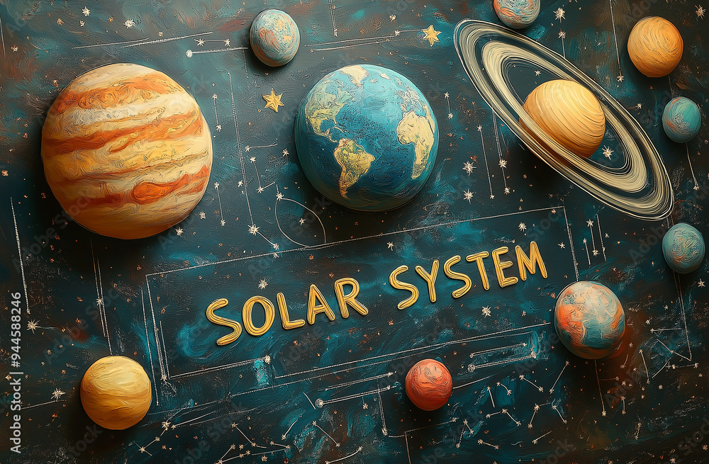 Aufkleber solar system model showing planets orbiting on blackboard