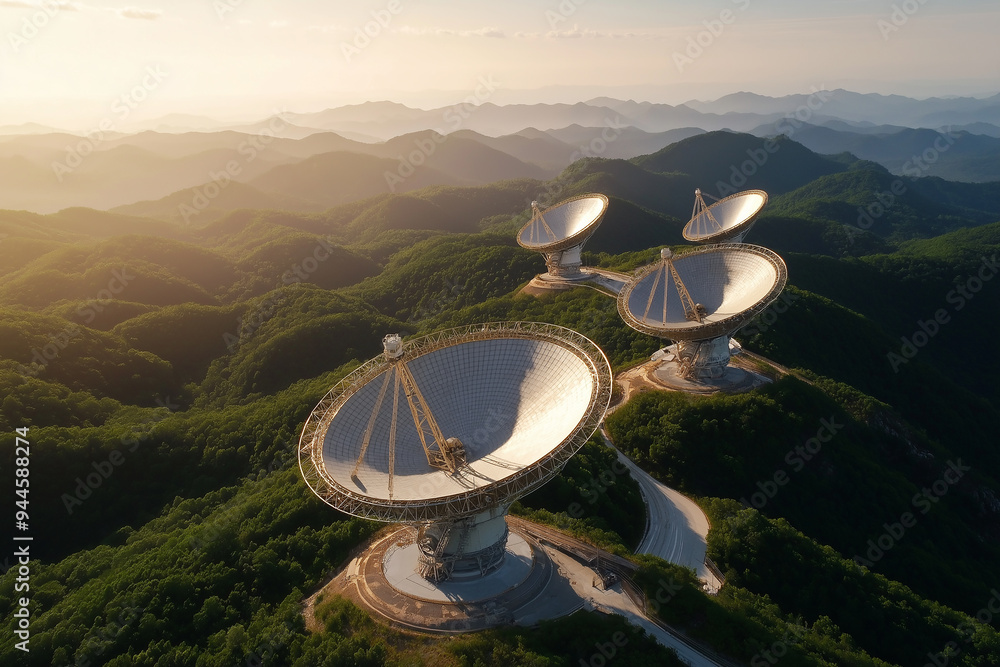 Poster large array of radio telescopes exploring the universe at sunset