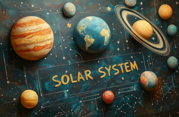 Solar system model showing planets orbiting on blackboard