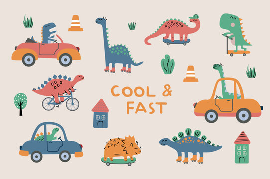 Collection dinosaurs in the transports. Car, skateboard, bike, rollers, scooter. Fun vector characters. 