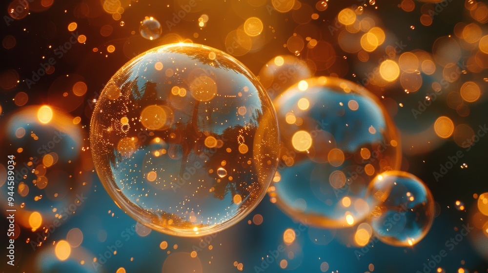 Poster close-up of glowing bubbles with abstract bokeh light effect