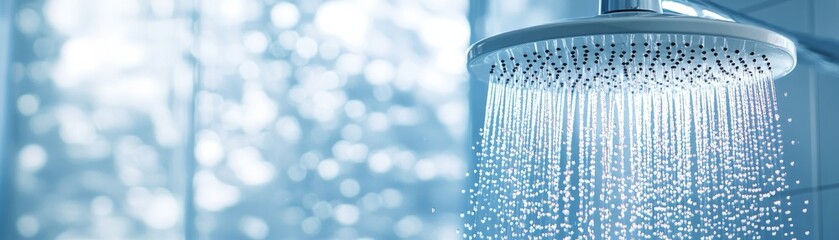 Water conservation focus on lowflow showerhead, bathroom setting, cool tones, Double exposure silhouette with raindrops