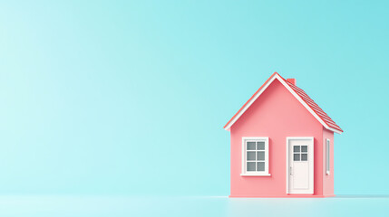 A charming pink house against a serene blue background, perfect for representing home, comfort, and relaxation in visuals.