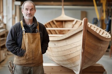 Skilled boatbuilder leading a wooden boat construction workshop, maritime expertise, handson experience
