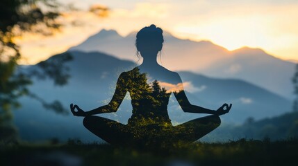 Outdoor yoga in serene landscapes close up, focus on peaceful poses, natural surroundings, soft light, Double exposure silhouette with mountain view