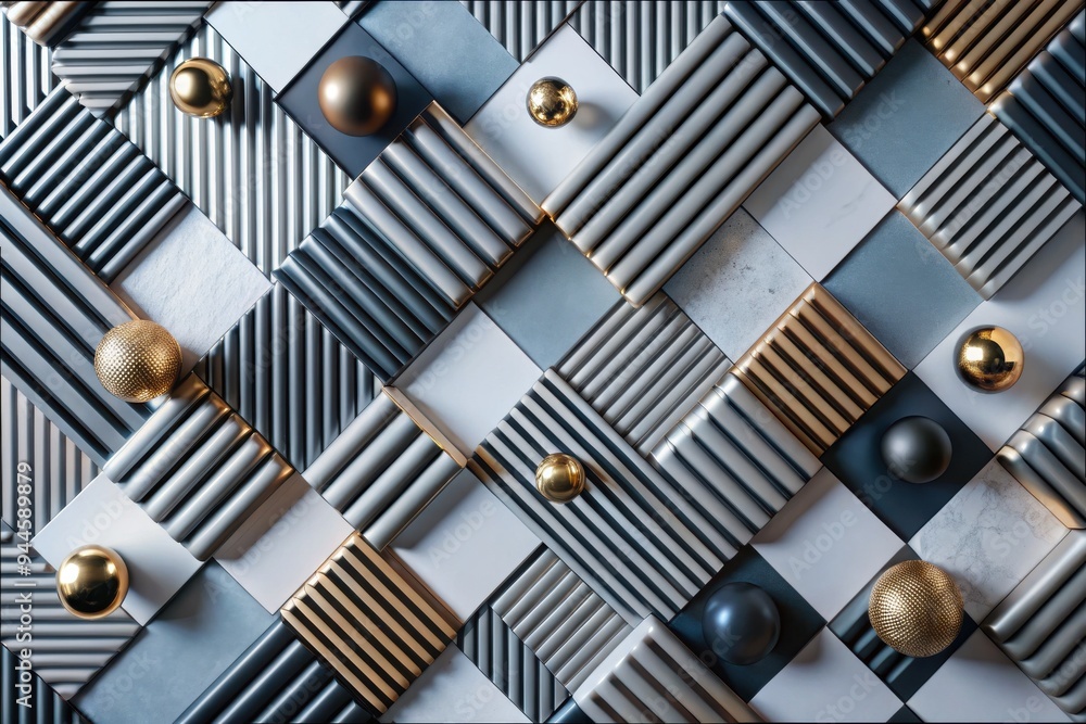 Aufkleber dynamic wall design featuring geometric patterns, textured surfaces, and metallic spheres, captured 