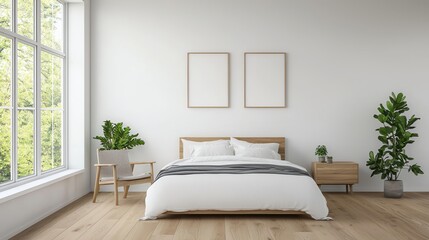 A serene bedroom with natural light, plants, and minimalistic decor, creating a calm and inviting atmosphere.