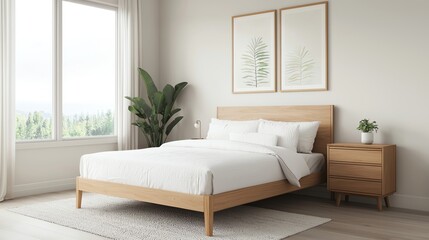 Modern bedroom interior featuring a wooden bed, nightstand, and natural light, creating a serene and inviting atmosphere.
