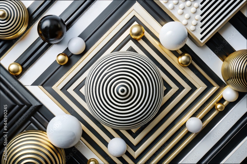 Poster a striking composition of black, white, and gold geometric shapes interacting in a dynamic arrangeme