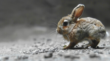 Fototapeta premium Adorable baby rabbit sitting on rocky ground in nature