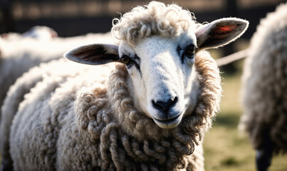 Fototapeta premium A sheep stands in a field, looking directly at the camera