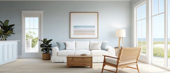 Bright and airy living room with modern decor, large windows, and stylish furniture enhancing a serene coastal ambiance.