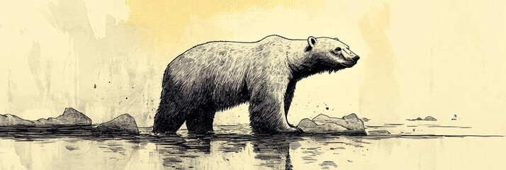 A majestic polar bear walking through shallow water among rocky terrain.