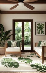 Stylish interior featuring tropical decor, comfortable seating, and lush greenery, designed for relaxation and contemporary living.
