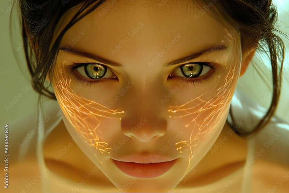 Poster a close up profile of a woman with neural networks glowing on her face symbolizing intelligence cogn