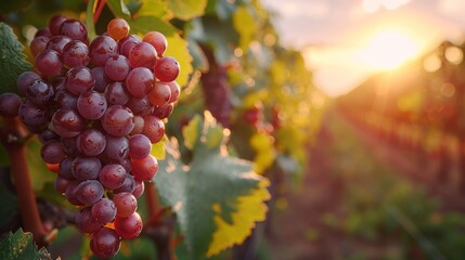 Fototapeta premium Vineyard with ripe grapes glowing at sunset in rural countryside