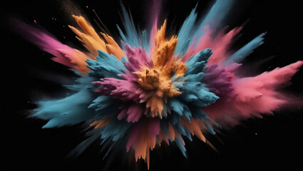 Fototapeta premium Abstract decorative powder explosion close-up on black background, mixed illustration and matte painting