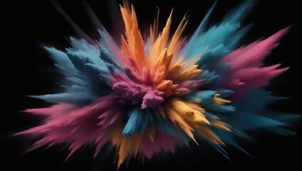 Abstract decorative powder explosion close-up on black background, mixed illustration and matte painting