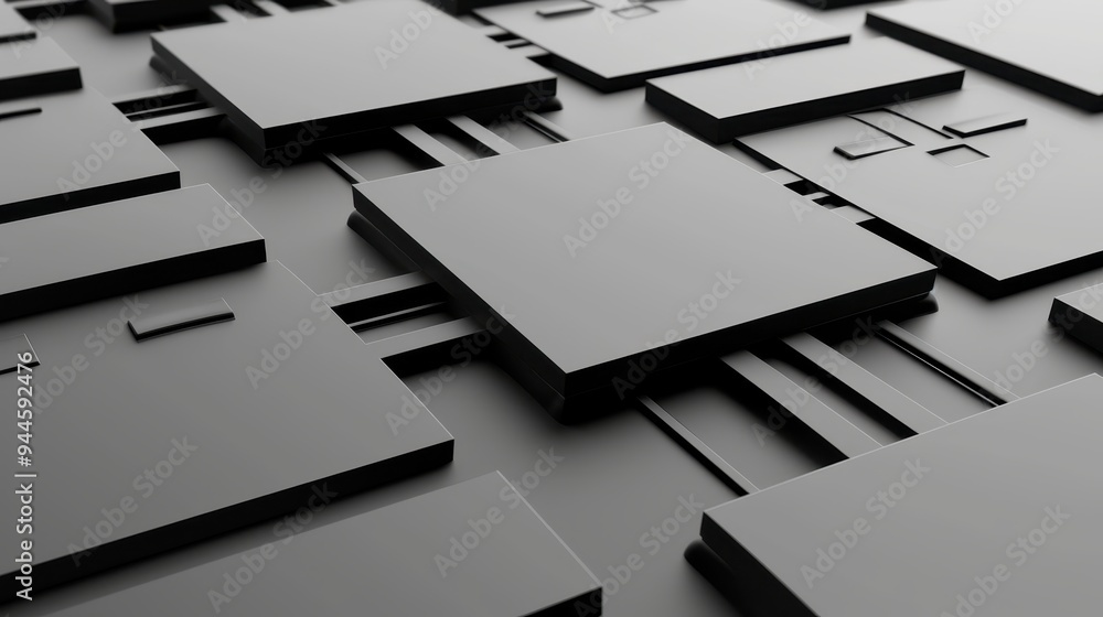 Poster monochromatic minimalism: a captivating 3d render of abstract squares, emphasizing depth and texture