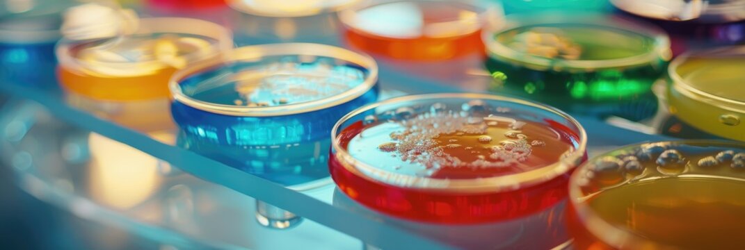 Petri dish containing organic bacteria for substance analysis in a laboratory, featuring vibrant liquids on a glass surface for biochemistry research.