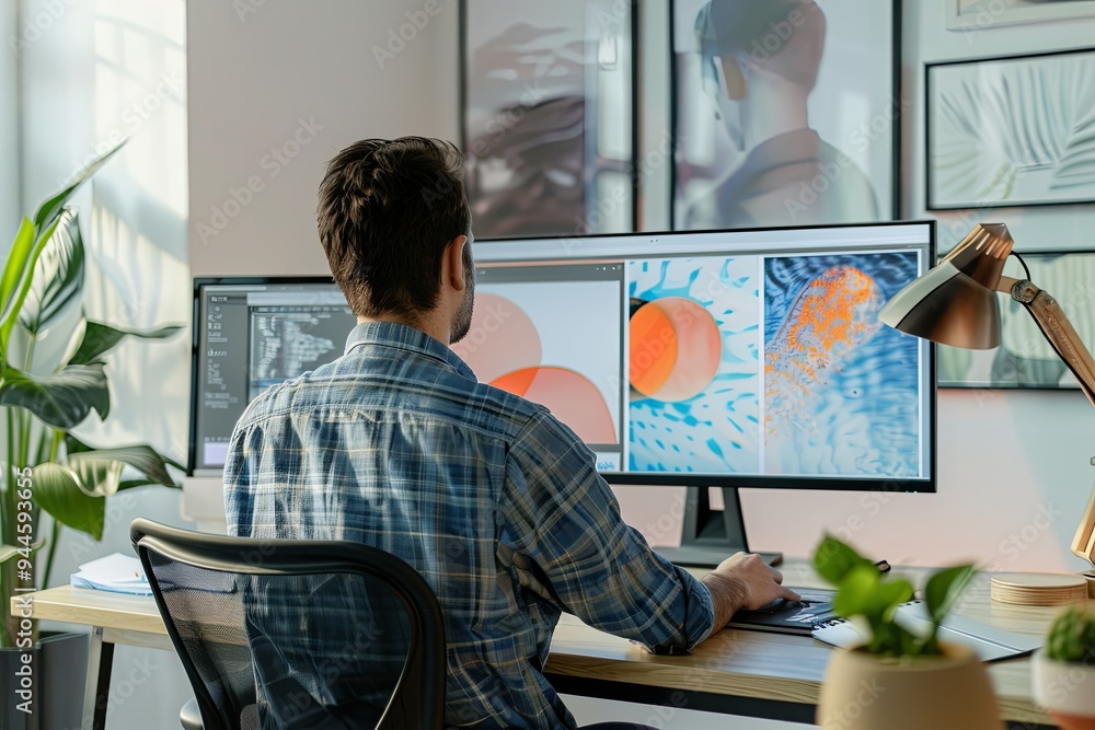 Poster a person focuses on graphic design tasks at a contemporary workspace with two computer monitors and 