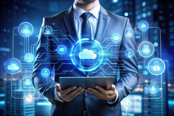 A professional man in a suit engages with futuristic technology among glowing city skyscrapers at night, showcasing innovation and connectivity in the digital age. Generative AI