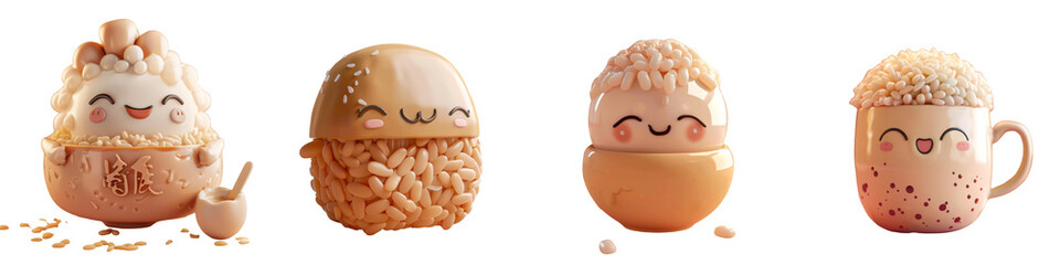 Cute and playful character designs featuring various expressive food items with joyful faces in soft pastel colors.